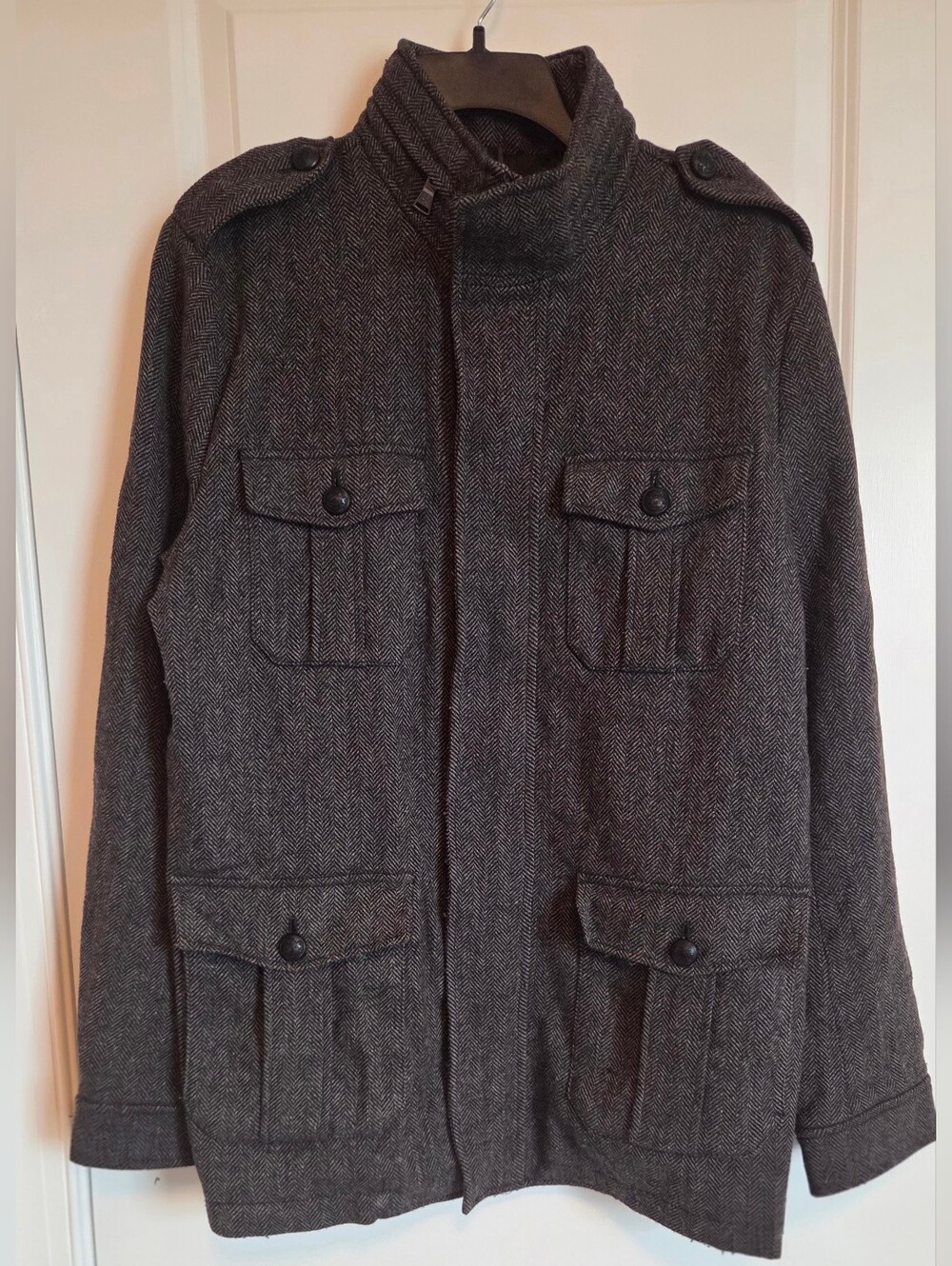 Express Men's Charcoal Herringbone Wool Blend Hooded Field Jacket L